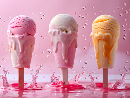 Three ice creams with splashes of water on a pink backgroundの素材