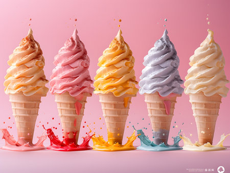 Ice cream in waffle cones with colorful splashes isolated on pink backgroundの素材