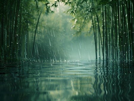 Bamboo forest with raindrops on the surface of the water.の素材