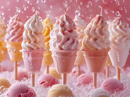 Frozen soft serve ice cream with pink, yellow and white frostingの素材