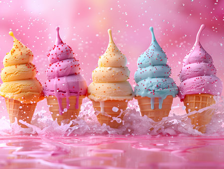 Ice cream cone with pink, blue and yellow colors on pink backgroundの素材