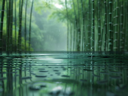 Bamboo forest with raindrops on water surface, 3d renderの素材