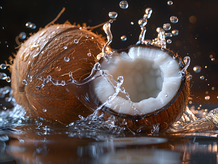 Coconut splashing into water on a dark background, close upの素材