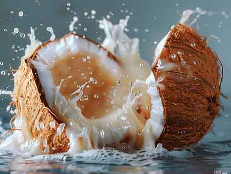 Coconut with milk splash, close-up. Healthy food conceptの素材