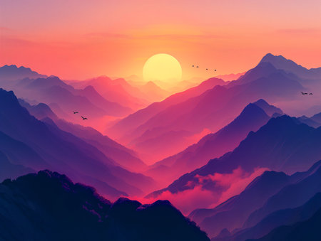 Mountain landscape at sunset. Colorful mountains. Vector illustration.の素材