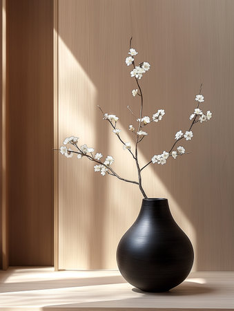 Vase with white flowers on the wooden shelf in the room.の素材