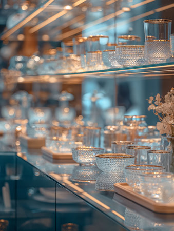 Glass vases and candlesticks in the shop window. Selective focus.の素材