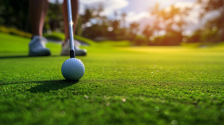 Golf player putting golf ball on the green grass with beautiful sunset backgroundの素材