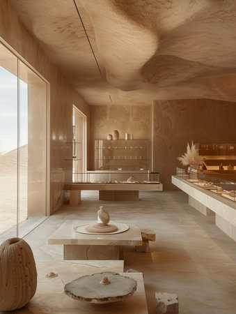 Interior of modern bathroom with beige walls, concrete floor, panoramic window and bathtub. 3d renderingの素材