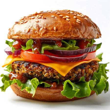 Hamburger with fresh vegetables and cheese isolated on white background.の素材
