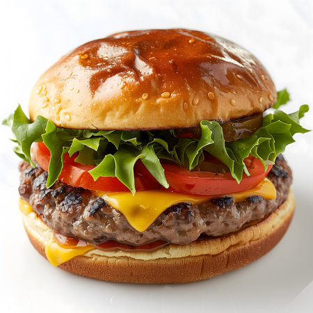 Cheese Burger - American cheese burger with fresh salad, tomato and onionの素材