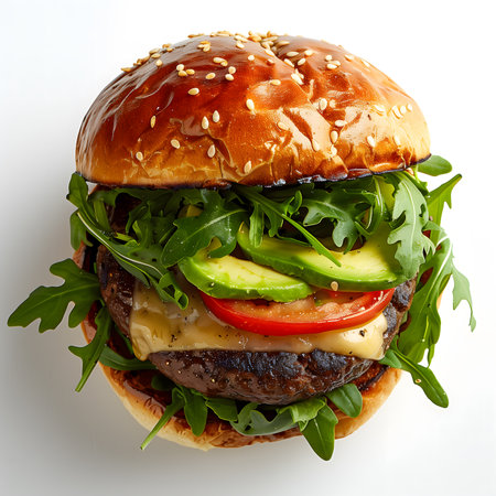 Hamburger with cheese, tomato, cucumber and arugulaの素材