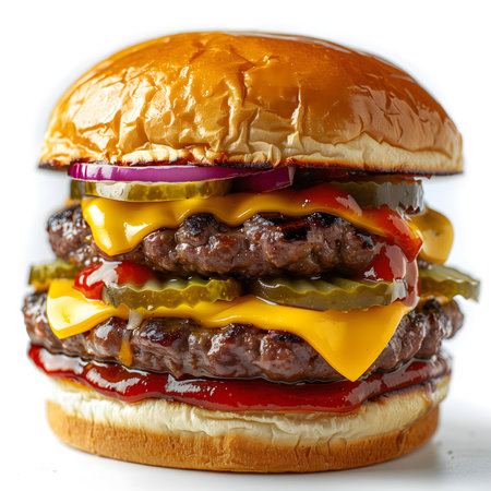 Big hamburger with beef, cheese and pickles on white backgroundの素材