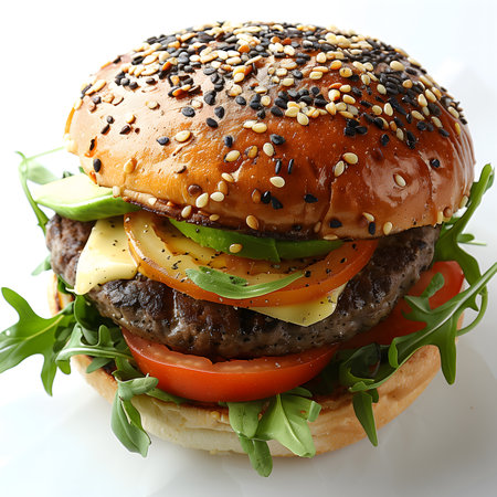 Big hamburger with cheese and arugula on a white backgroundの素材