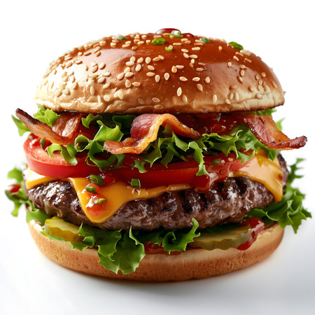 Cheeseburger with bacon and vegetables isolated on white background.の素材