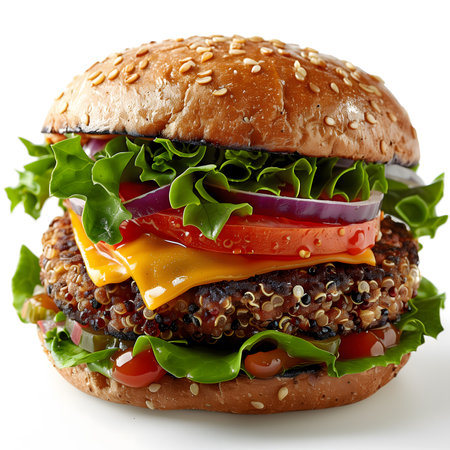 Hamburger with beef patty, cheese, tomato and lettuce isolated on white backgroundの素材