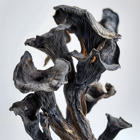 Dried black chanterelle mushrooms close up on white backgroundの素材