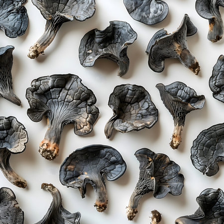 Dried mushrooms on white background. Seamless pattern. Top view.の素材