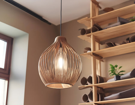 Modern lamp hanging on wooden rack in living room. Interior design conceptの素材