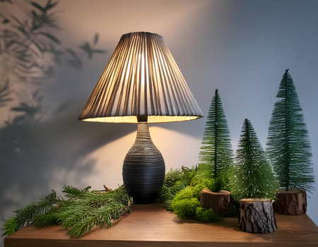 Wooden table with a lamp and Christmas decorations. 3d renderingの素材