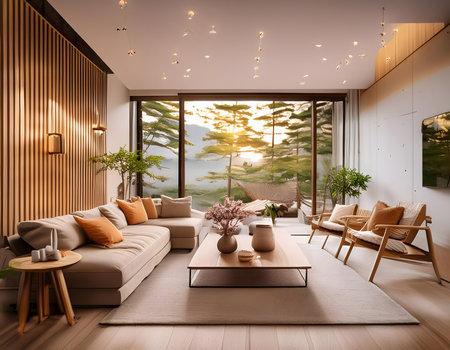 Interior of a modern living room with a beautiful view. 3d renderingの素材