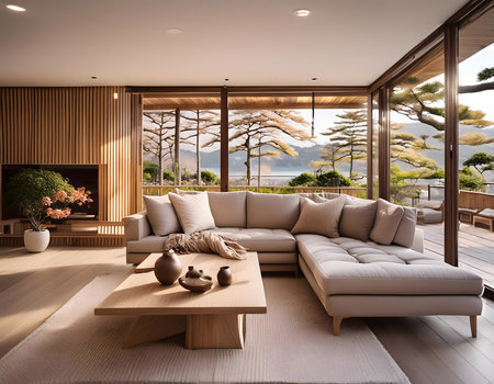 Interior of modern living room with white sofa and wooden coffee tableの素材