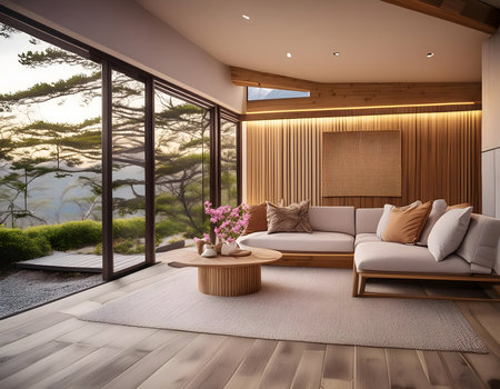 Interior of modern living room with panoramic view. 3D renderingの素材