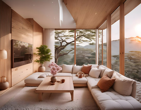 interior of modern living room with wooden wall, 3d renderの素材