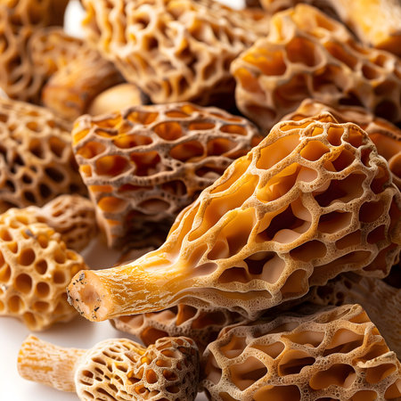 Fresh morel mushrooms (Morchella esculenta) on white background.の素材