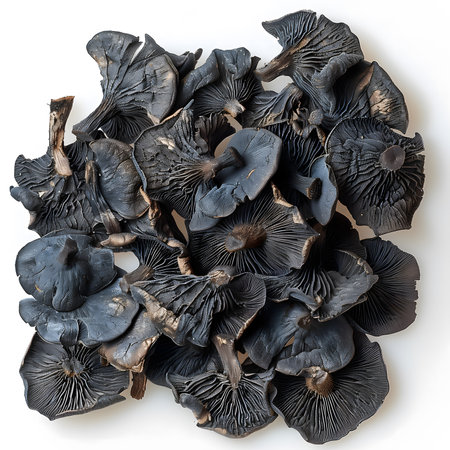 Dried black mushrooms isolated on white background. Top view. Flat lay.の素材