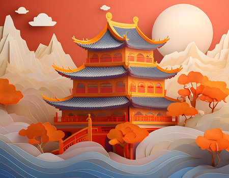 Chinese temple in autumn landscape with lake and mountains. Paper art style vector illustration.の素材