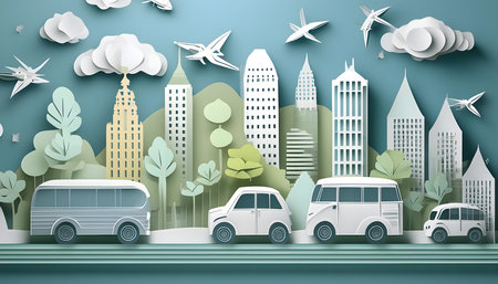 Paper art and craft style of cityscape and transport concept. Vector illustration.の素材