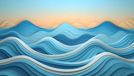 Abstract 3D paper cut background with blue waves. Vector illustration.の素材