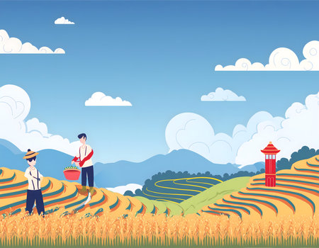 Harvesting rice in the rice field. Vector illustration in flat styleの素材