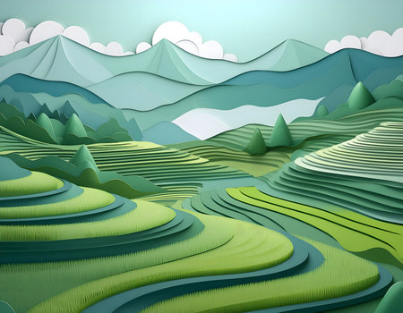 Rice fields in the mountains. Landscape with green hills. Vector illustration.の素材