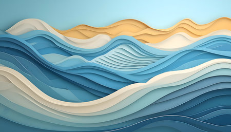 Abstract paper cut background with blue and yellow waves. Vector illustration.の素材