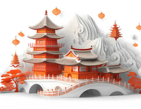 Chinese temple in paper art style on white background. Vector illustration.の素材