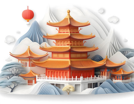 Chinese temple in paper art style. Vector illustration for your design.の素材