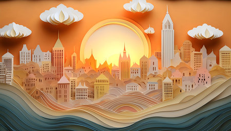 Paper art cityscape with sun and clouds. 3D illustration.の素材