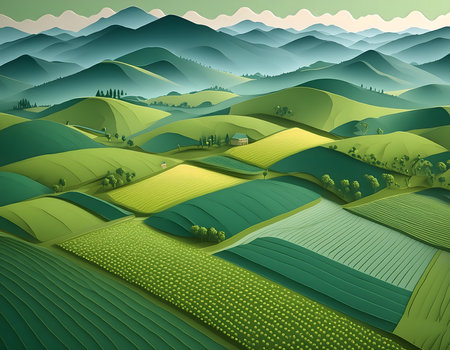 Landscape of green hills with trees and fields. Vector illustration.の素材