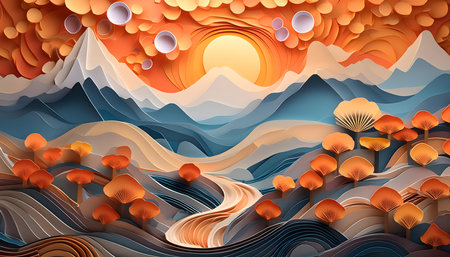 Autumn mountain landscape with sun and clouds. Paper cut style vector illustration.の素材