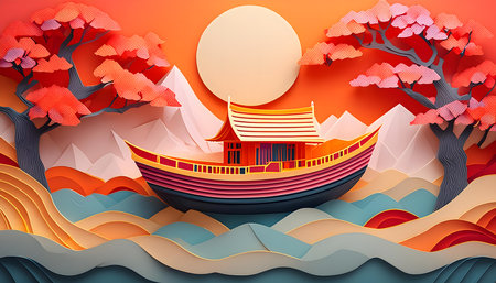 Paper art style of Japanese traditional boat on the sea. Paper art and craft style.の素材