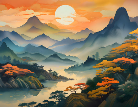 Mountain landscape with lake and forest at sunset. Vector illustration.の素材