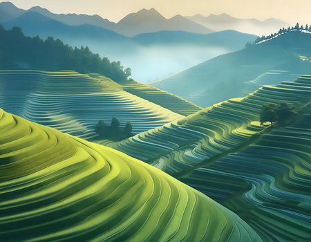 Beautiful green tea terraces in the mountains. 3D renderingの素材