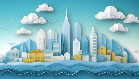 Paper art style cityscape with skyscrapers and clouds in paper art style.の素材