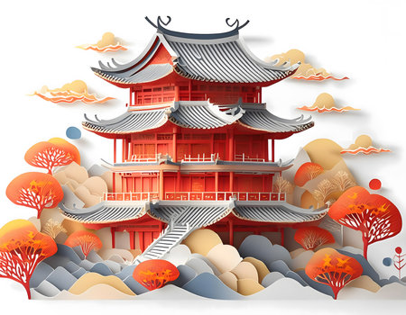 Chinese temple in autumn season. Paper art style. Vector illustration.の素材