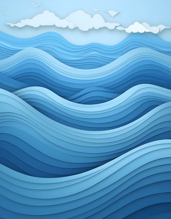 Blue sea waves background. Paper cut style. 3d vector illustrationの素材