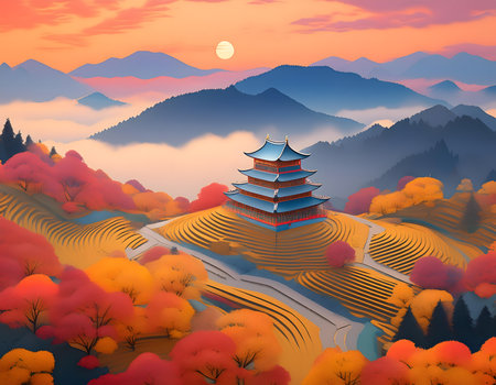 Autumn landscape with pagoda in the mountains. Vector illustration.の素材