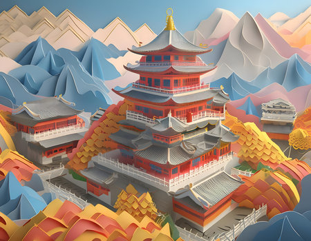 Buddhist pagoda in the mountains. 3d illustration.の素材