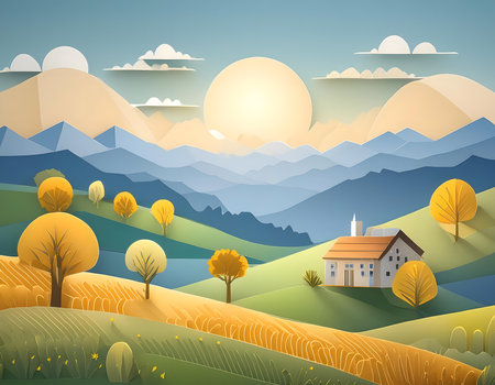 Autumn rural landscape with farm house and mountains. Vector illustration.の素材